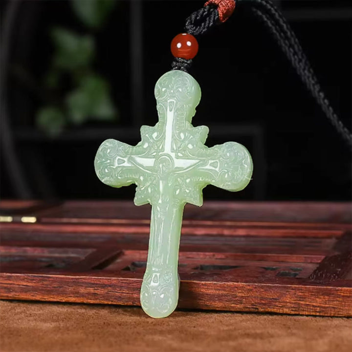 Christian Art Classic Style Hetian Jade Clear Water Material Crucifix Round Bead Necklace