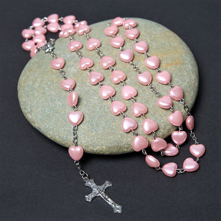 Christian Art Our Lady of Fátima & Crucifix of 10 mm Heart Pink Acrylic Alloy Chain Rosary