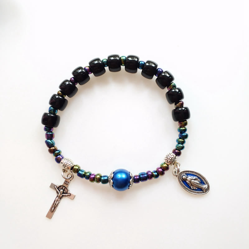 Christianartworkshop Blue Pearl Embellished Miraculous Mary & Crucifix Agate Bracelet