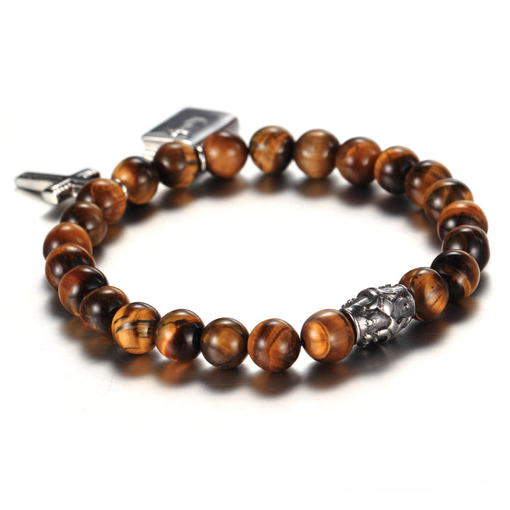 Christianartworkshop Bible Cross Tiger Eyes Stone Titanium Bracelet