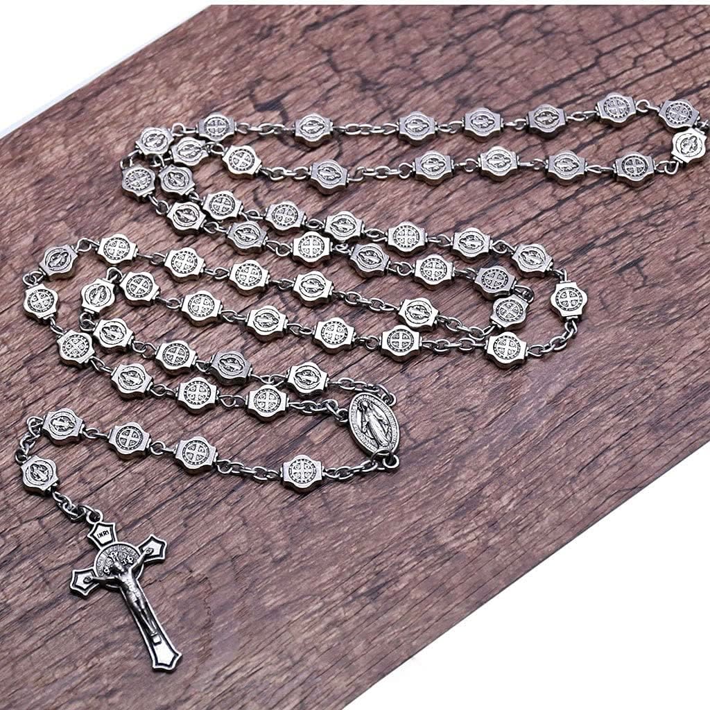 Christian Art St. Benedict Medal & Crucifix of 8 mm Polyhedron Silver Metal Alloy Chain Rosary