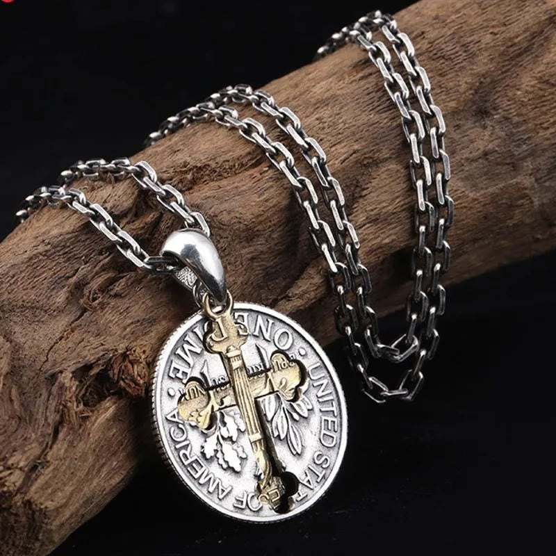 Vintage Double-sided Cross Coin Pendant Necklace