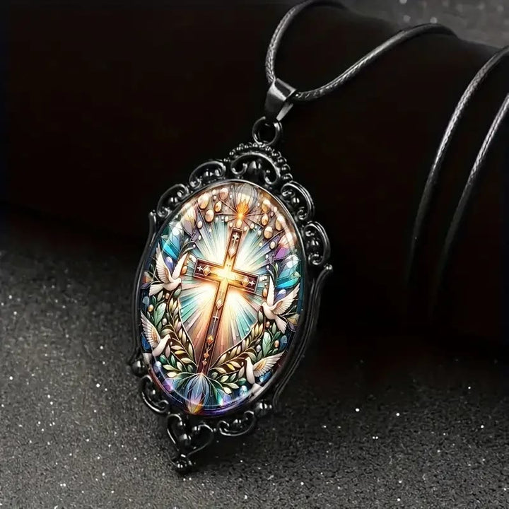 Christianartworkshop Retro Style Cross & Holy Dove Glass Pendant Necklace