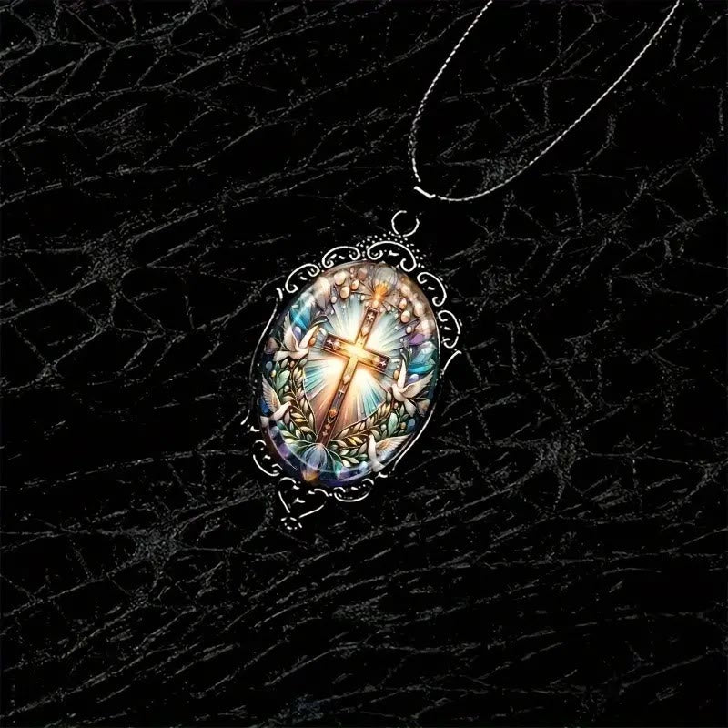 Retro Style Cross & Holy Dove Glass Pendant Necklace