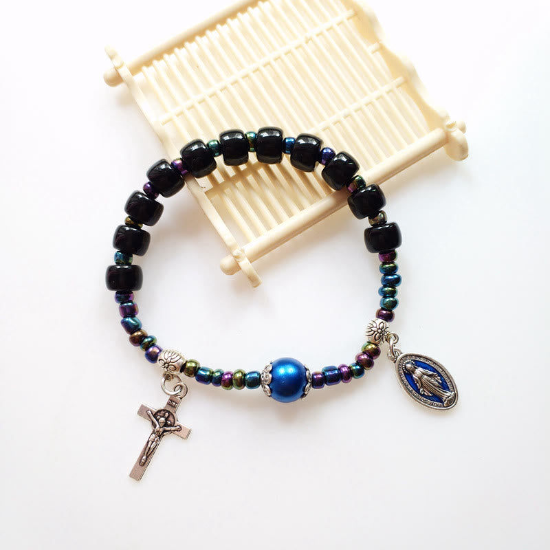 Blue Pearl Embellished Miraculous Mary & Crucifix Agate Bracelet