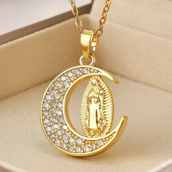 Crescent Moon Our Lady of Guadalupe Maria Golden Necklace