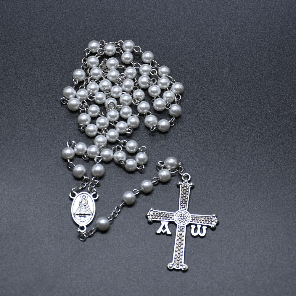 Christian Art San Juan del Valle Medal & Cross of 6 mm Round White Glass Alloy Chain Rosary