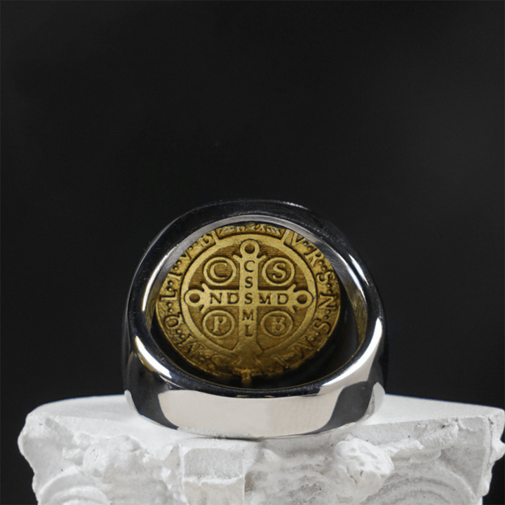 Two Tone Catholic St. Benedict Medal Cross Ring