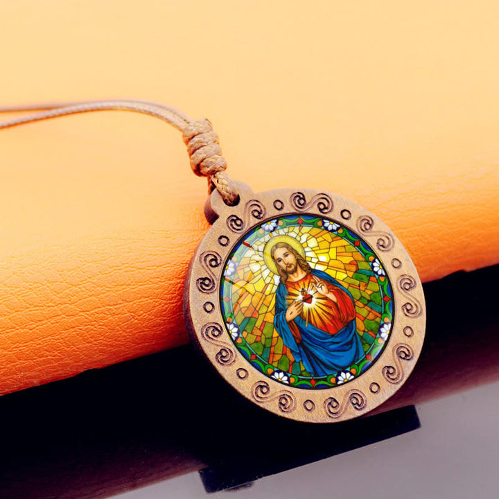 Jesus Sacred Heart Time Gemstone Wood Pendant Necklace
