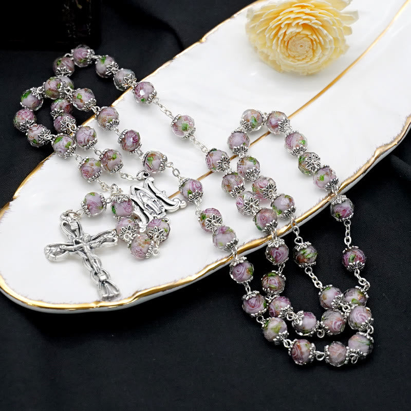 Christianartworkshop Glazed Crystal Rose Flower Beads Rosary