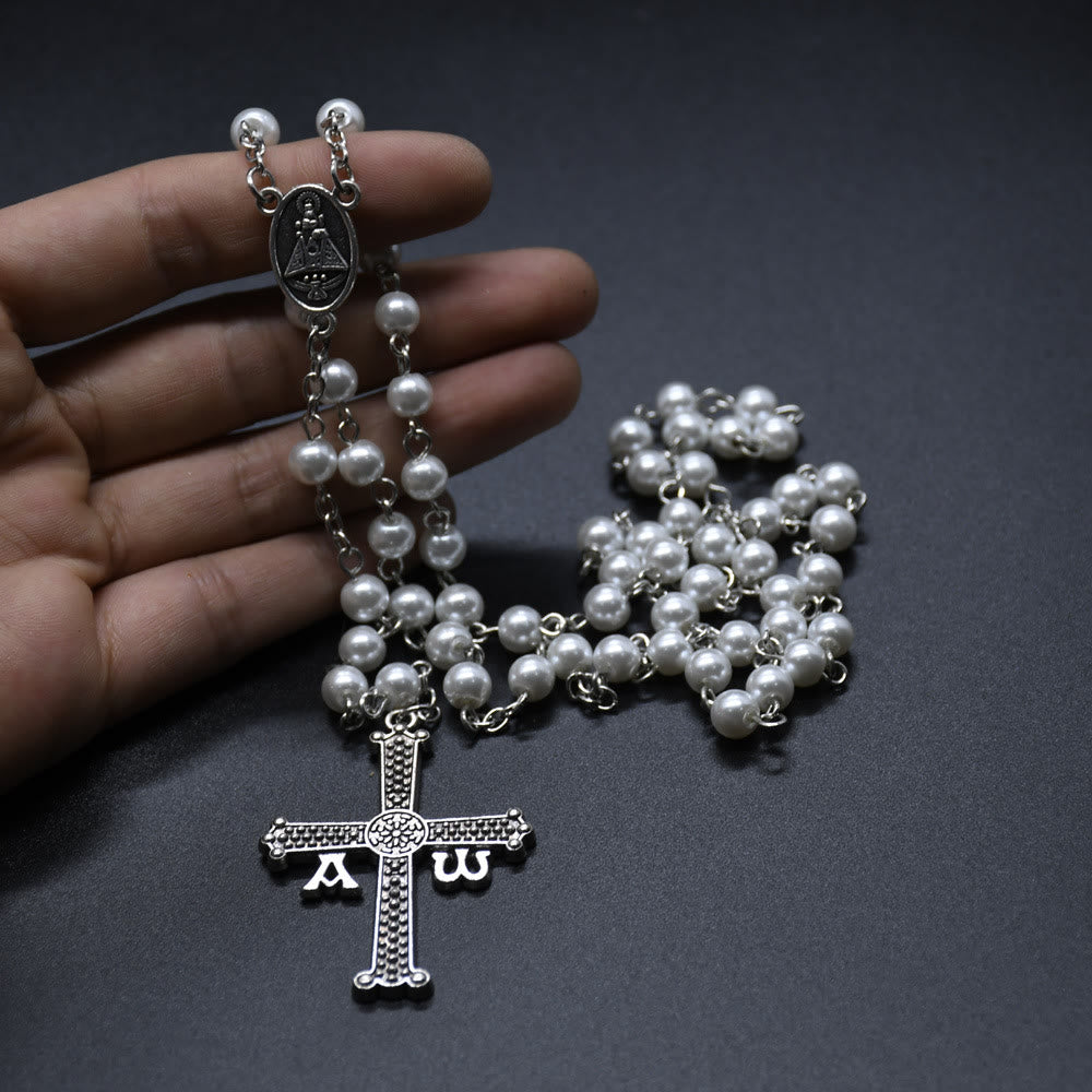 Christianartworkshop San Juan del Valle Medal & Cross of 6 mm Round White Glass Alloy Chain Rosary