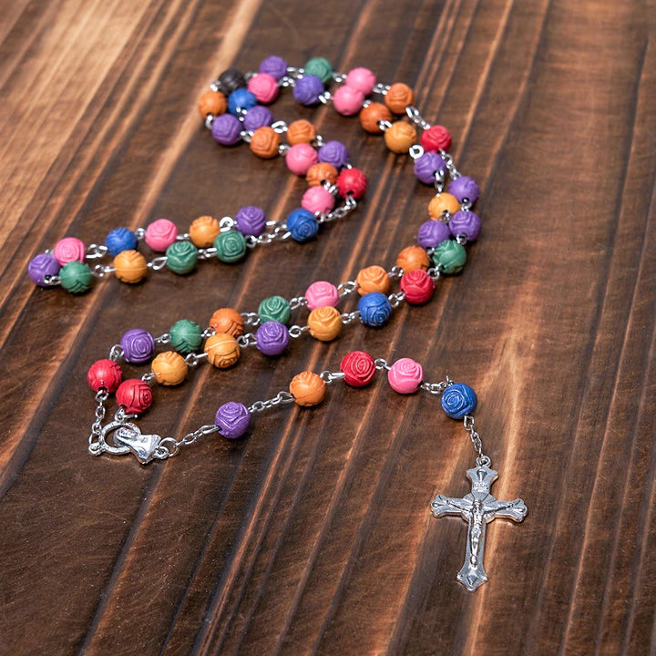 Christianartworkshop Our Lady of Guadalupe & Crucifix of 8 mm Rose Multicolor Resin Alloy Chain Rosary