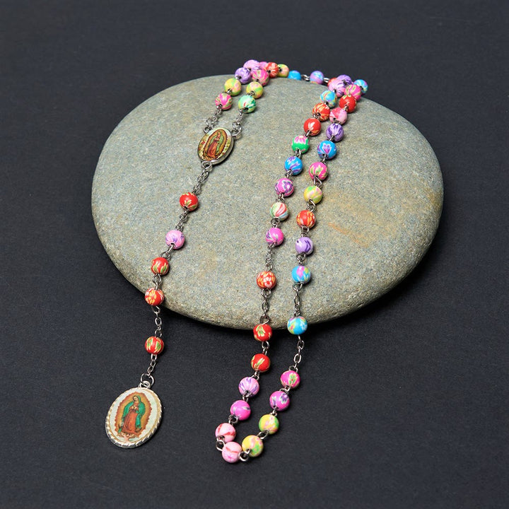 Discount Today: Christian Art Our Lady of Guadalupe & Crucifix of 6 mm Round Multicolor Polymer Clay Alloy Chain Rosary