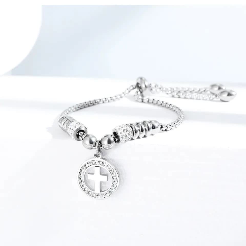 Crafted Circle Cross Charm Zirconia Christian Bracelet