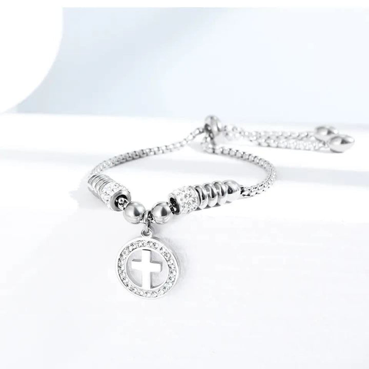 Christianartworkshop Crafted Circle Cross Charm Zirconia  Bracelet