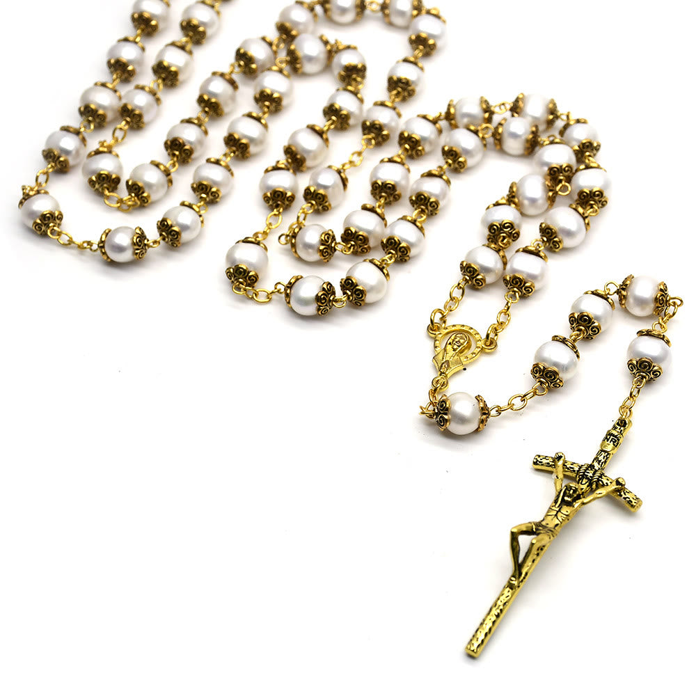 Christianartworkshop Our Lady of Grace & Crucifix of 8*9 mm Round White Pearl Alloy Chain Rosary