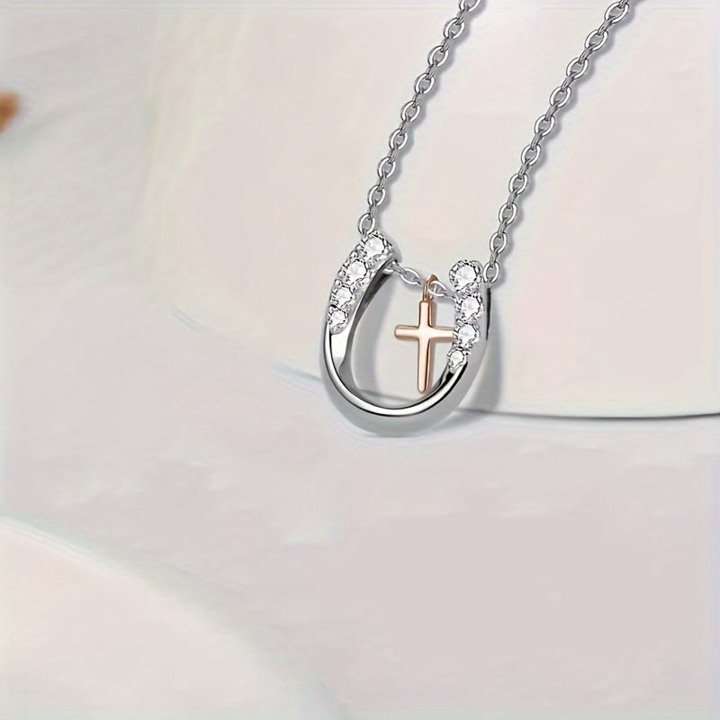 Christianartworkshop Minimalist Style Hollow Horseshoe Cross Pendant Necklace