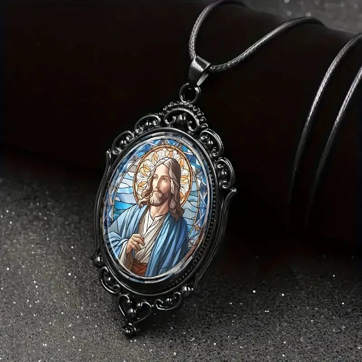 Retro Lace Oval Jesus Glass Pendant Necklace