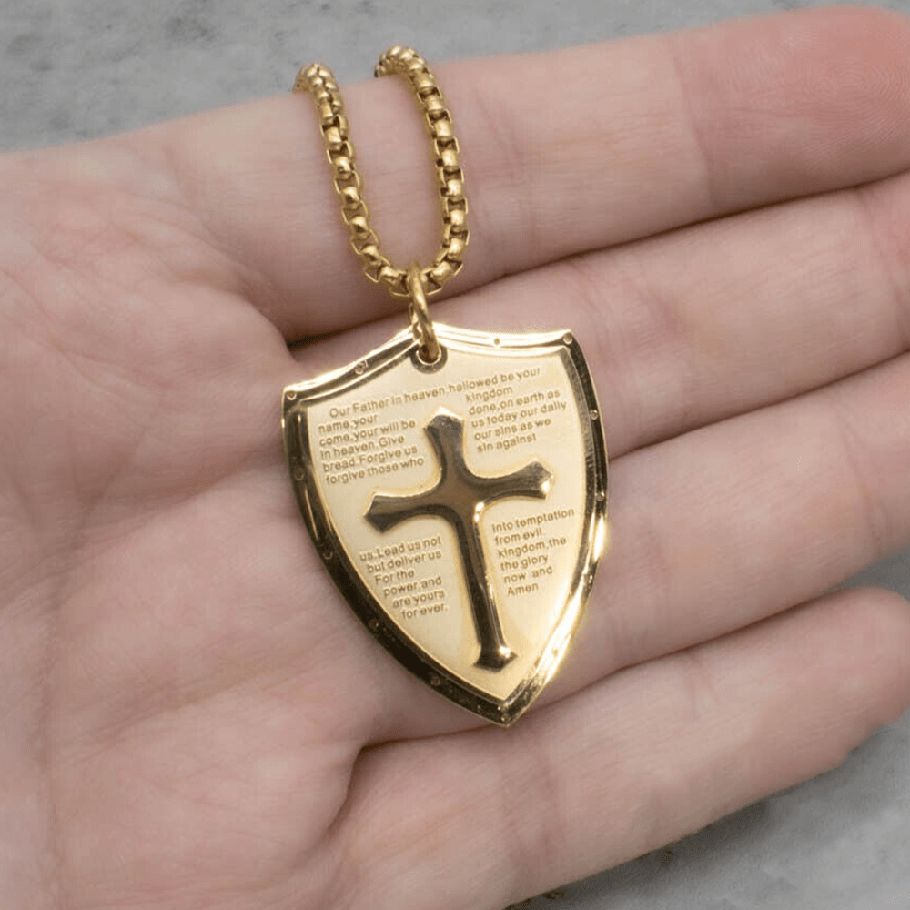 Stainless Steel Lords Prayer Cross Shield Pendant Necklace