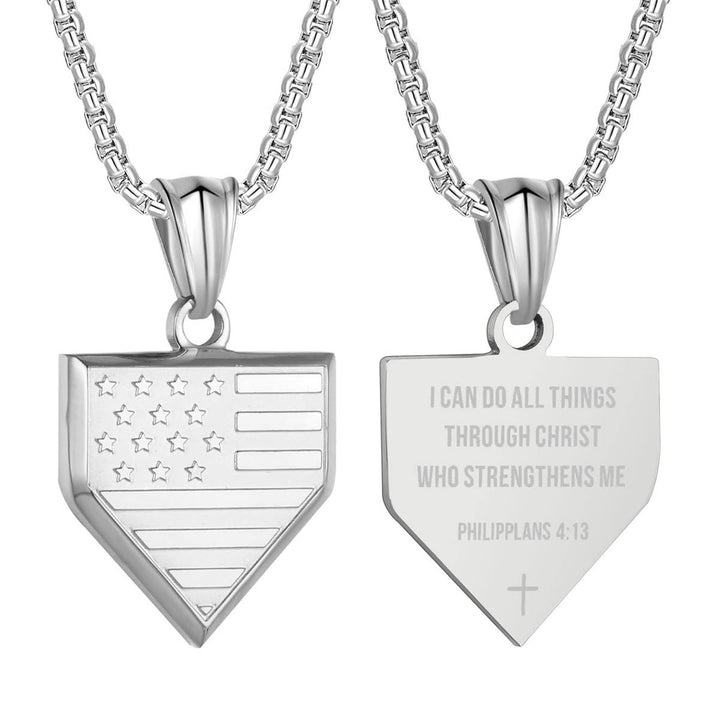 USA Flag Baseball Plate Bible Verse Shield Pendant Necklace