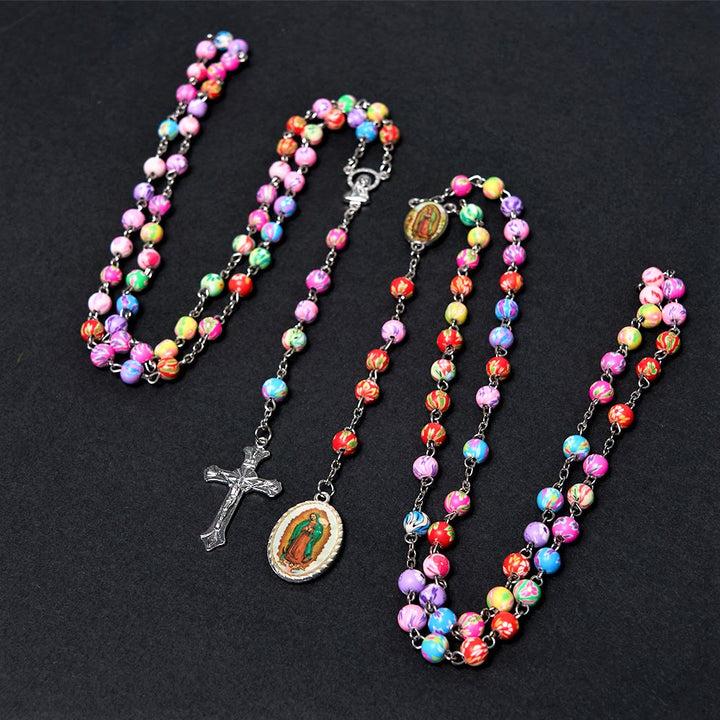 Christianartworkshop Our Lady of Guadalupe & Crucifix of 6 mm Round Multicolor Polymer Clay Alloy Chain Rosary