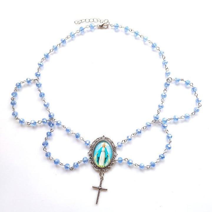 FREE Today: Miraculous Mary Image Glass Pendant Blue Crystal Clavicle Chain