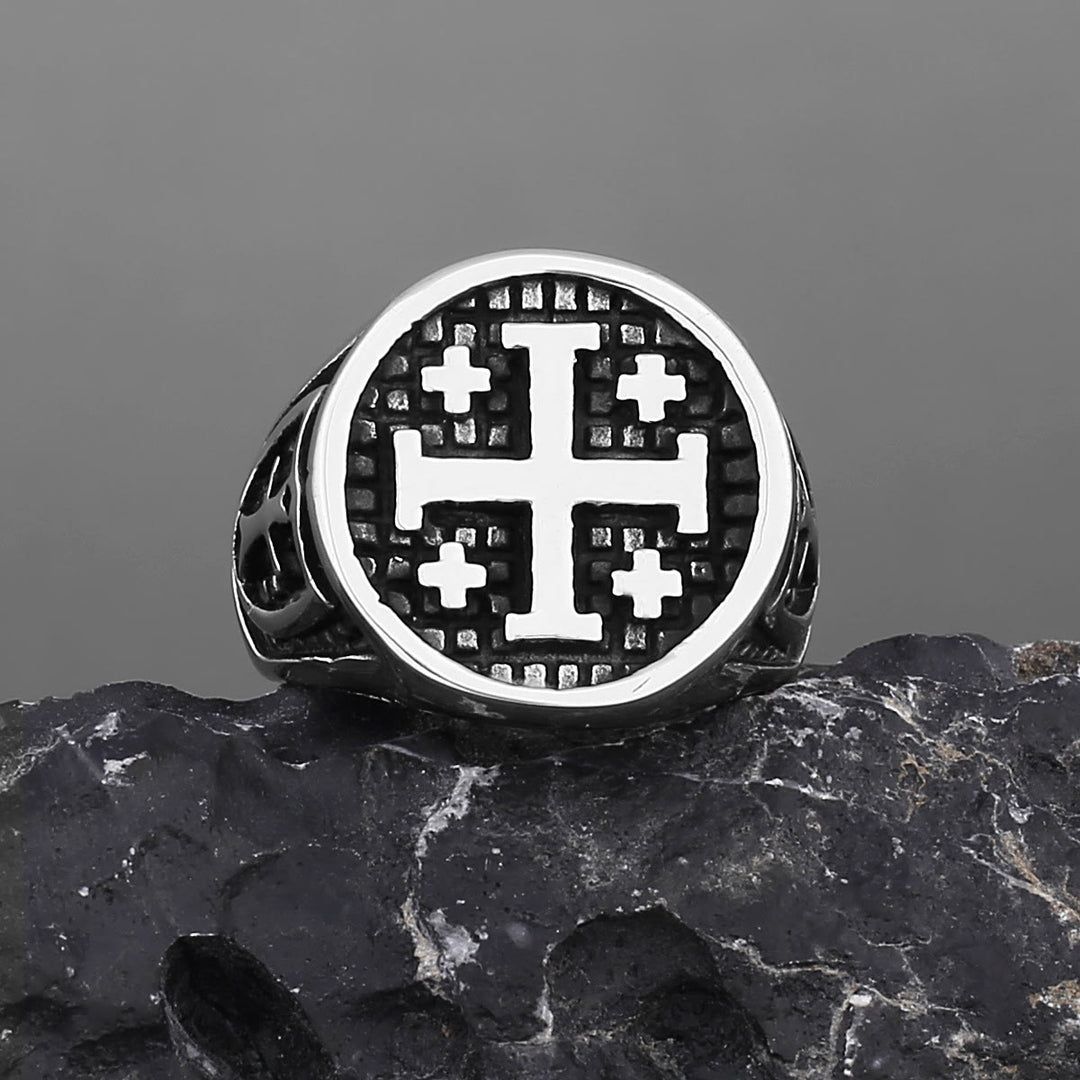 Christian Art Retro Minimalist Style Jerusalem Cross Ring