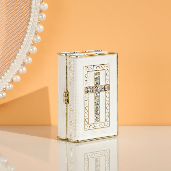 Christian Art Luxury Style White Alloy Bible Book Jewelry Box Desktop Ornaments