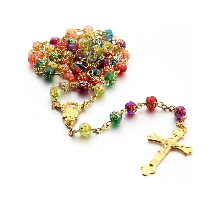 Two-tone Rose Shaped Multicolored Beads Rosary