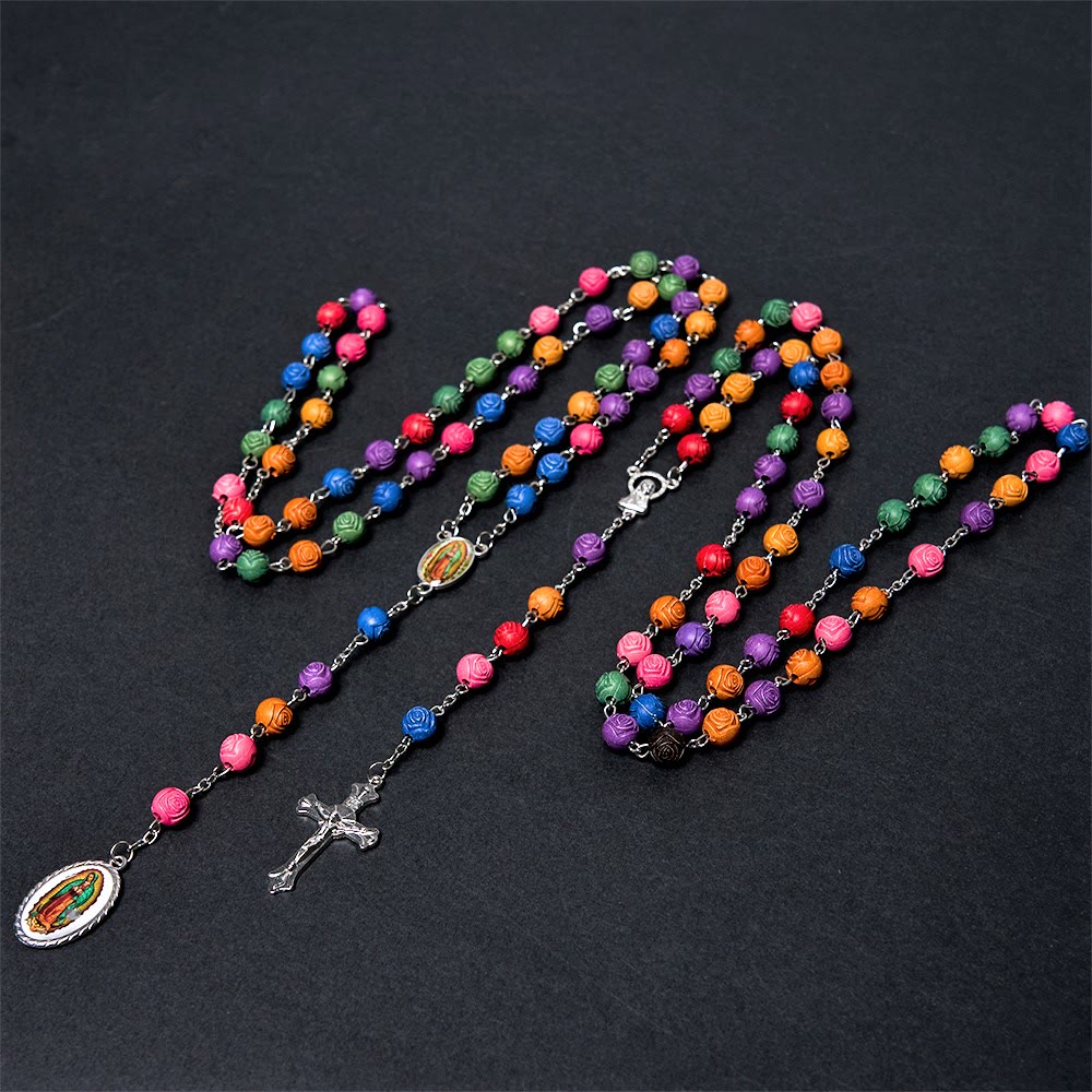 Christianartworkshop Our Lady of Guadalupe & Crucifix of 8 mm Rose Multicolor Resin Alloy Chain Rosary