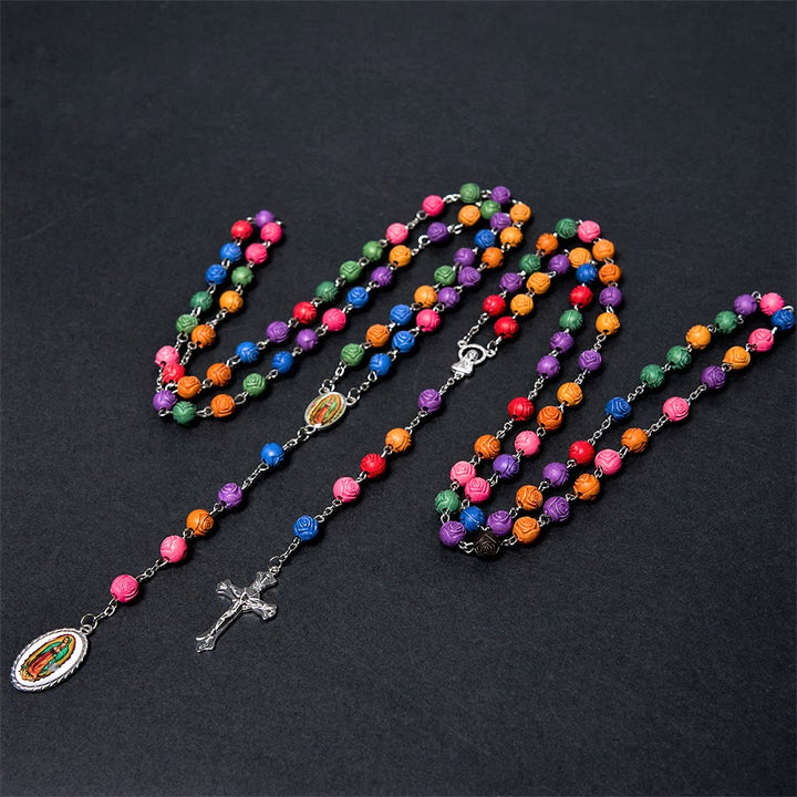 Christian Art Our Lady of Guadalupe & Crucifix of 8 mm Rose Multicolor Resin Alloy Chain Rosary