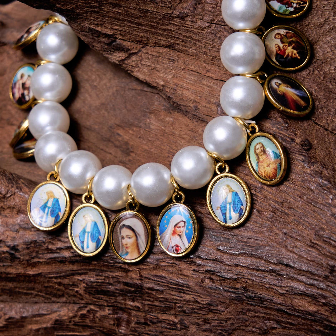 Christian Art Retro Style Saint Jesus Mary Medals Cross Pearl Bracelet