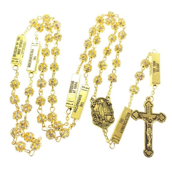 Christian Art Our Lady of Fátima & Crucifix of 8 mm Round Golden Metal Gems Alloy Chain Rosary