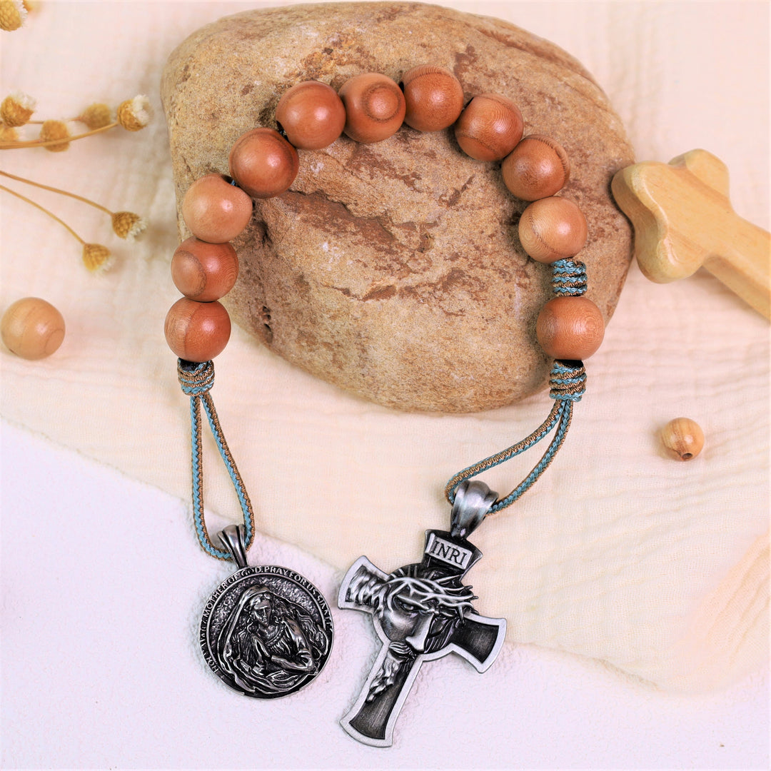 Holy Mother of Consolation & Jesus Cross Olive Wood Single Decade Rosary