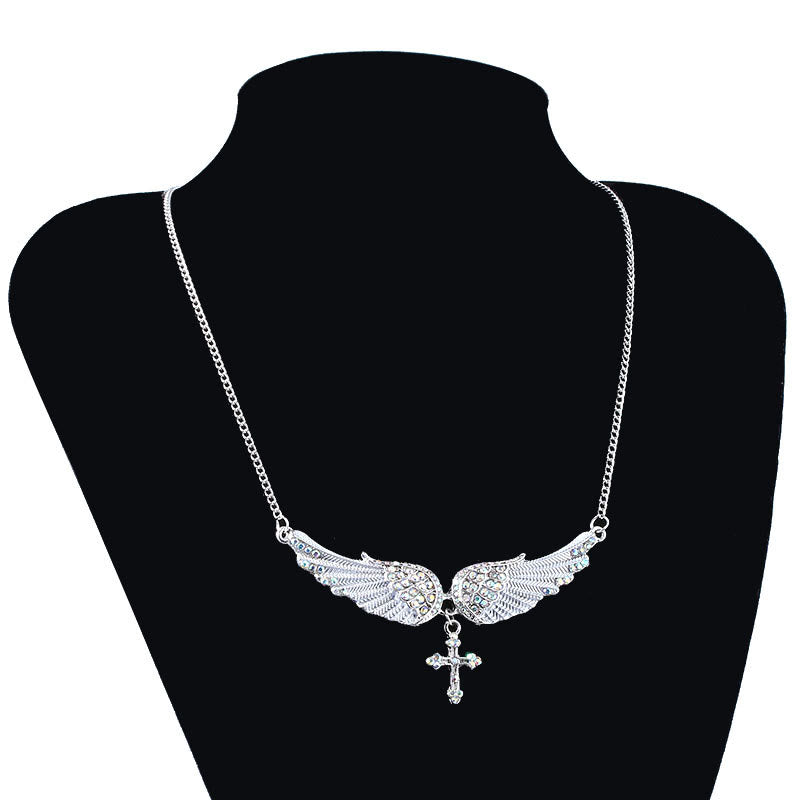 Christianartworkshop 3 Color Angel Wings Cross Shiny Stone Necklace