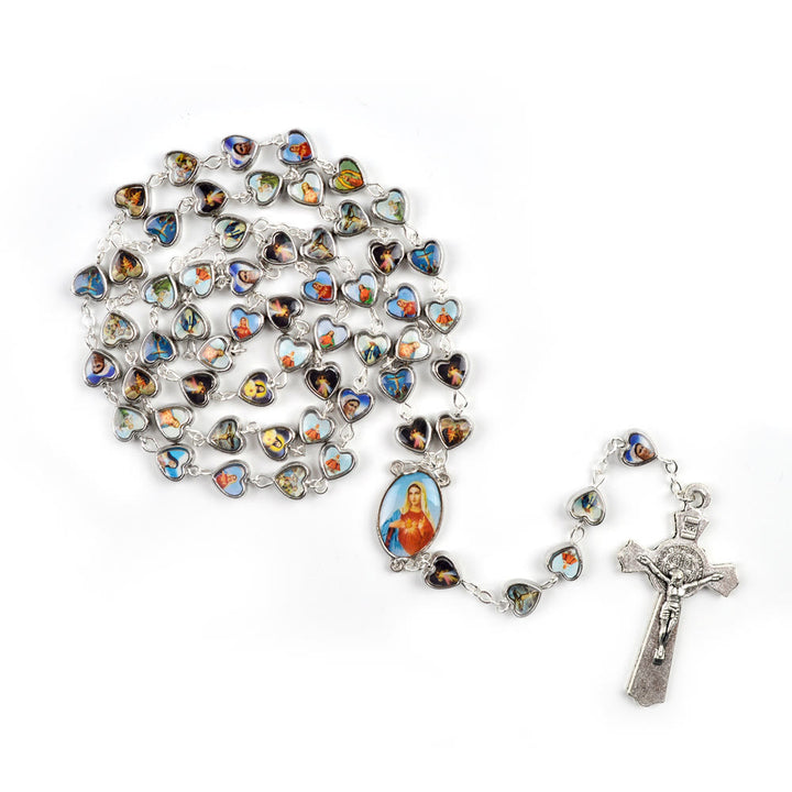 Discount Today: Christian Art Immaculate Heart of Mary & Crucifix of 9*8 mm Heart Multicolor Acrylic Alloy Chain Rosary