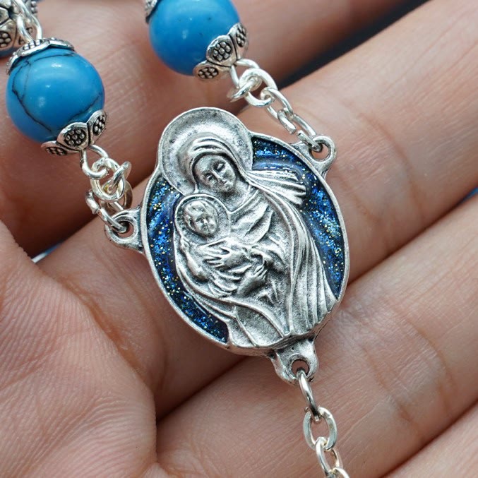 Blue Turquoise Christ Prayer Rosary with Mary & Baby Jesus Medal