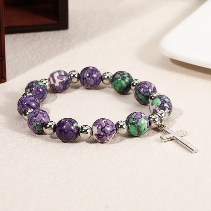 Discount Today: Christ Crucifix Prayer Beaded Purple Stones Bracelet