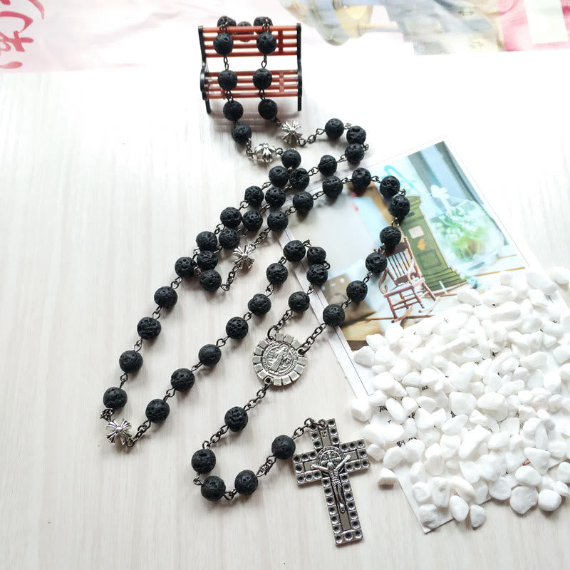 Vintage Cross Pendant Volcanic Stone Beads Rosary