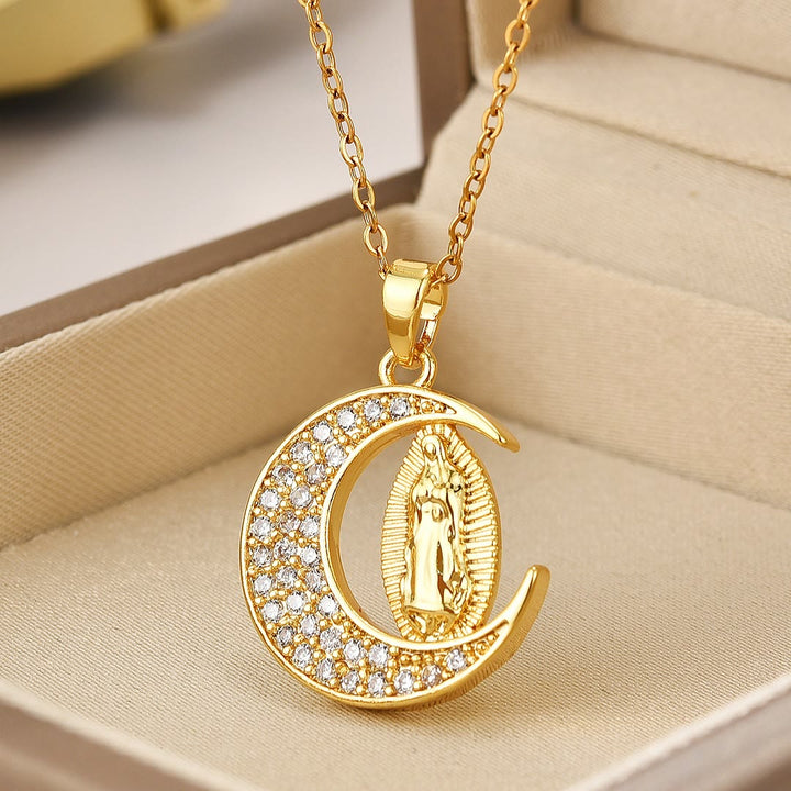 Crescent Moon Our Lady of Guadalupe Maria Golden Necklace