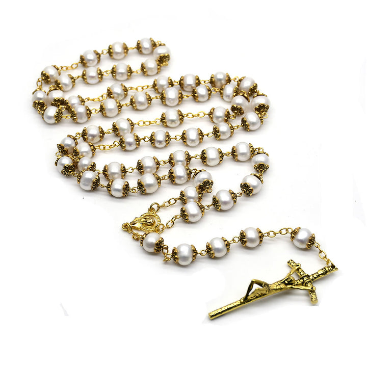 Christianartworkshop Our Lady of Grace & Crucifix of 8*9 mm Round White Pearl Alloy Chain Rosary