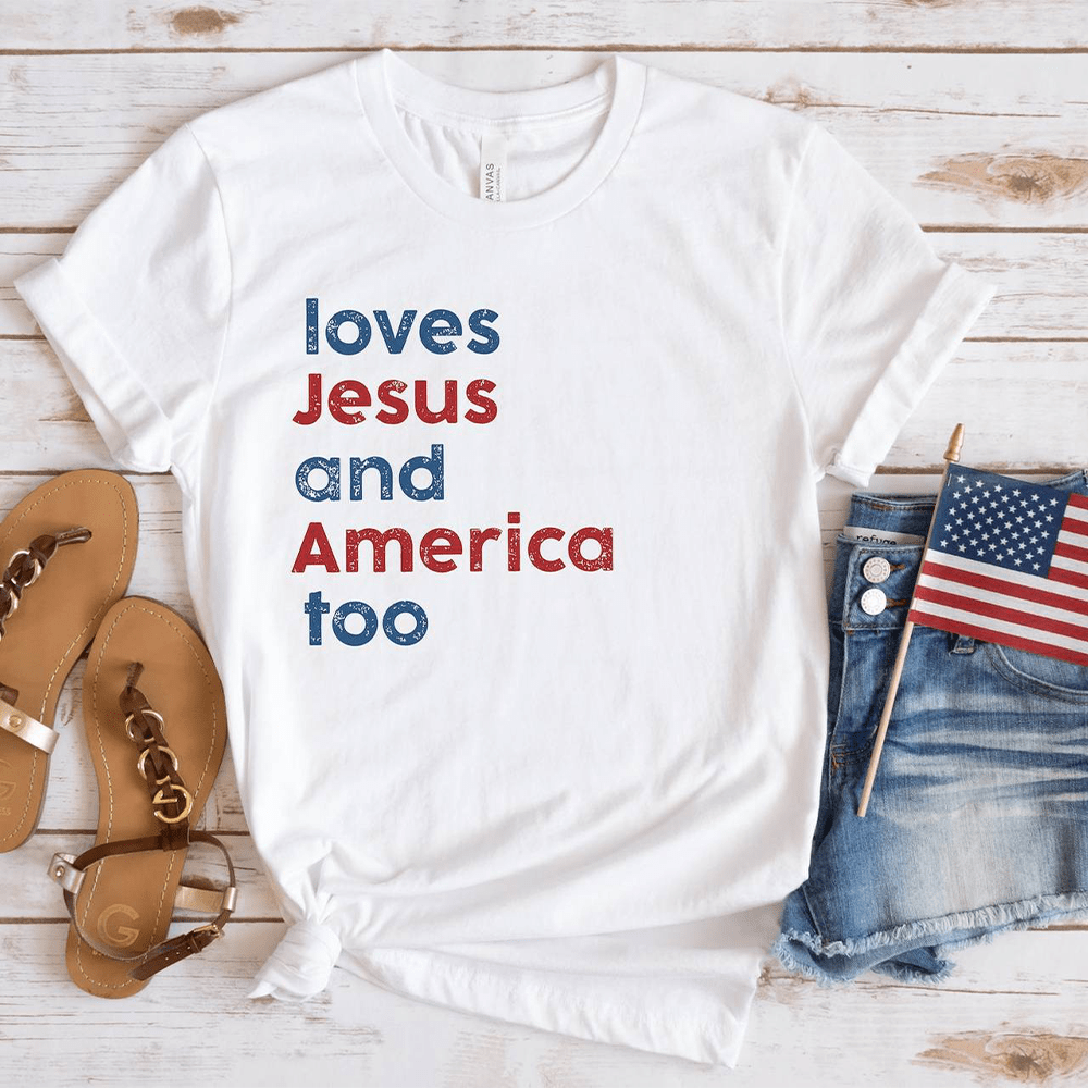 Christianartworkshop Minimalist Modern Style Loves Jesus And America Too Short Sleeve Washed T-shirt