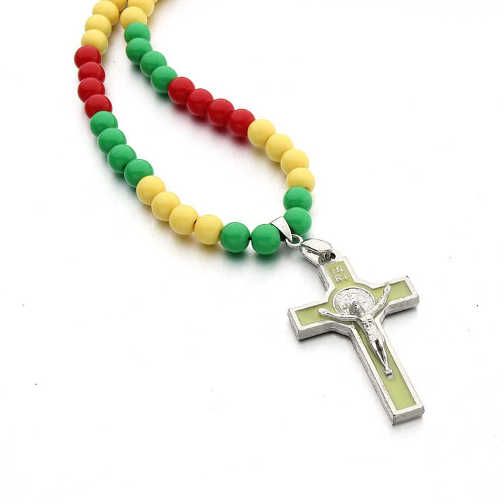 Simple Three-Color Bead Crucifix Necklace