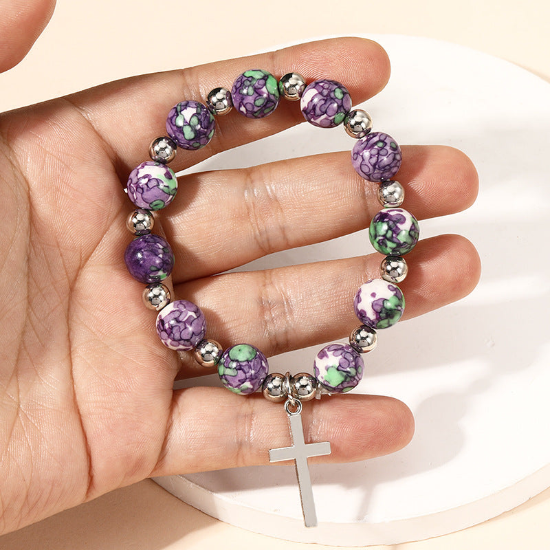 Christ Crucifix Prayer Beaded Purple Stones Bracelet