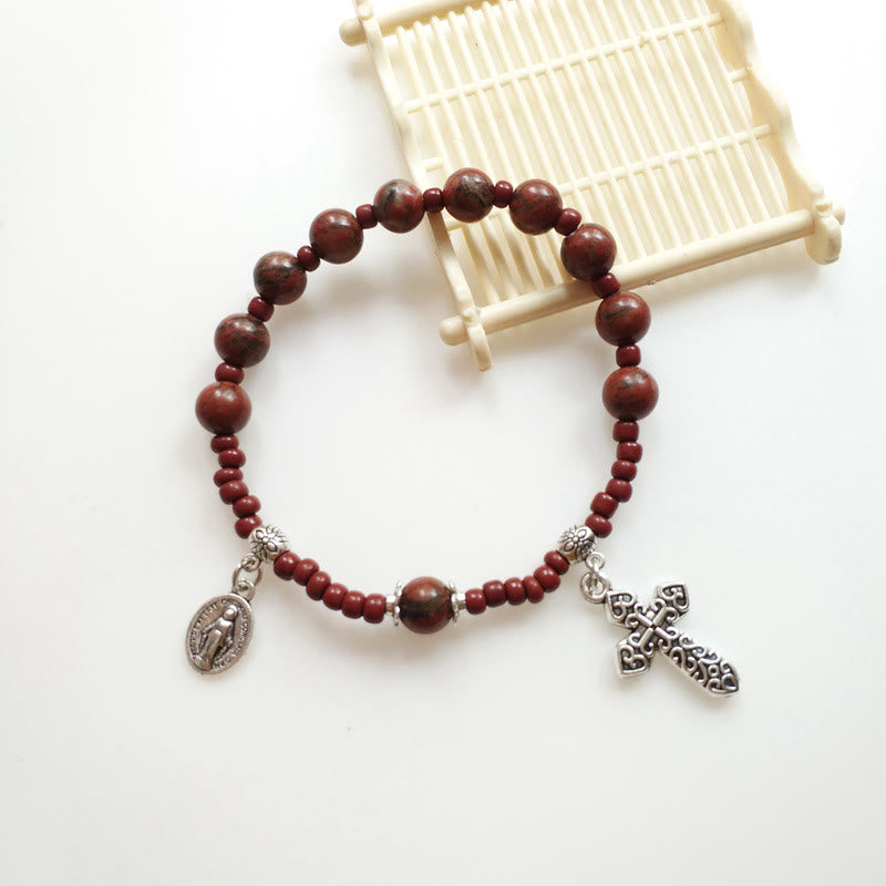 Miraculous Medal & Cross Natural Stone Rosary Bracelet