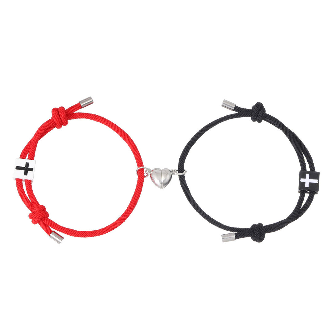 Christian Art Minimalist Style Heart Magnet Alloy Cross Adjustable Couple Bracelet