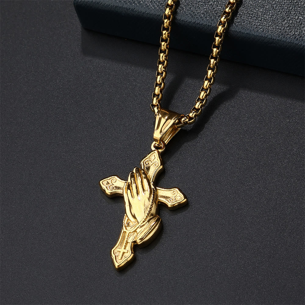 Praying Hands Cross Stainless Steel Pendant Necklace