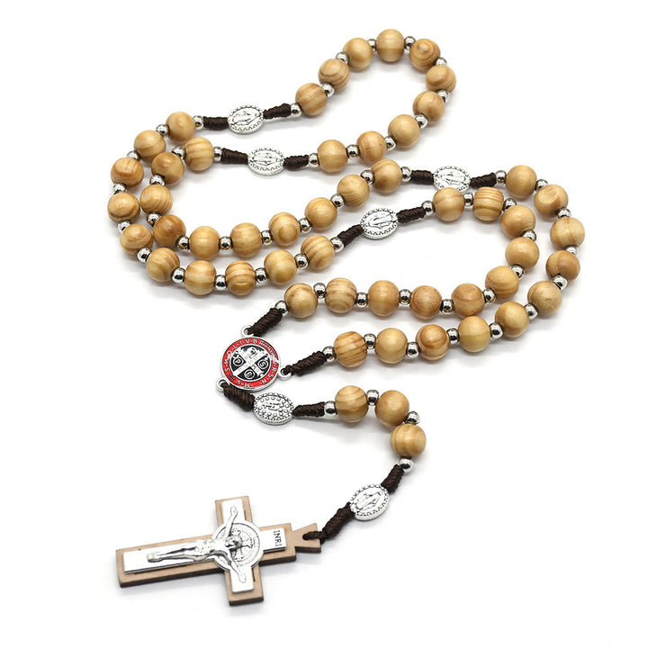 Catholic Crucifix Jesus St. Benedict Weave Pine Wood Beads Rosary