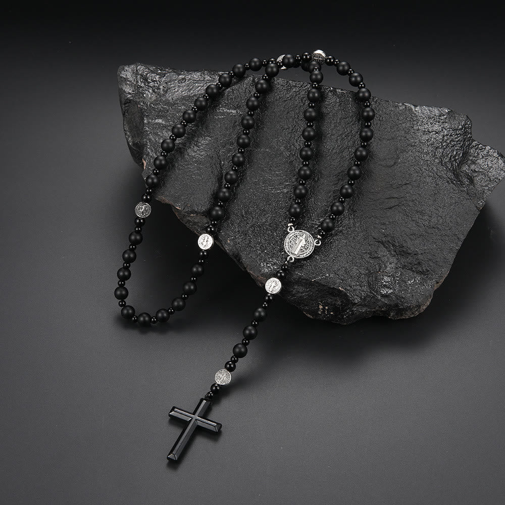 Christianartworkshop St. Benedict Medal & Cross of 8 mm Round Black Multi-material Nylon Cord Rosary