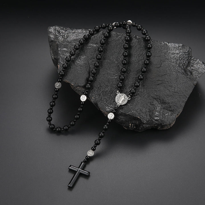 Christian Art St. Benedict Medal & Cross of 8 mm Round Black Multi-material Nylon Cord Rosary